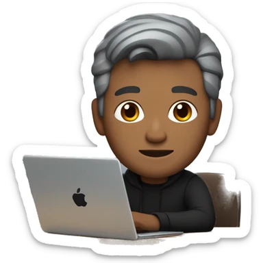 memoji of a white man with a laptop in front, apple-style,modern,dark grey hair, black sweater,computer in hand, srilankan brown skin, sitting on his desk sticker