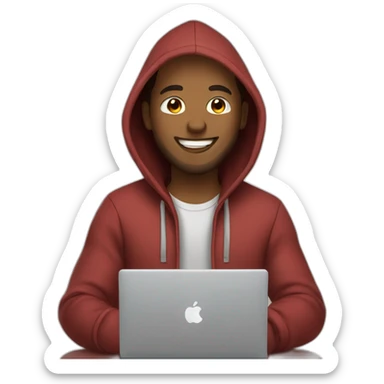guy with hoodie typing infront of laptop no beard smiling sticker