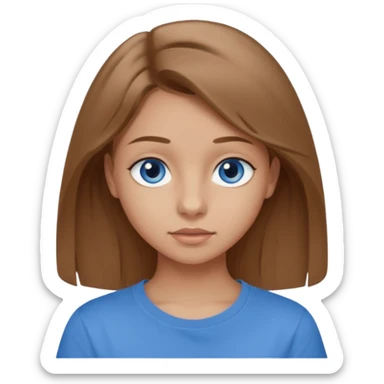 A 16-year-old girl with long, light brown hair and blue eyes. She also has slightly tanned skin, a small nose, and average-sized lips (though her lower lip is slightly larger than her upper lip). She's wearing a taupe T-shirt with a round neck.  sticker