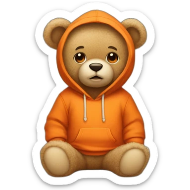 A cute beige teddy bear wearing an orange hoodie. His eyes are black. He's sitting on his butt. sticker