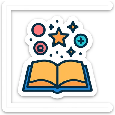 open book with flying sparks and glowing symbols, magical atmosphere, shadows and highlights, colorful outlines sticker