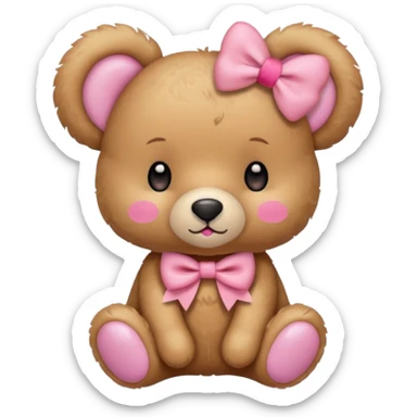 The og emoji teddy bear eith some pink blush and a cute pink coquette bow in the ear sticker