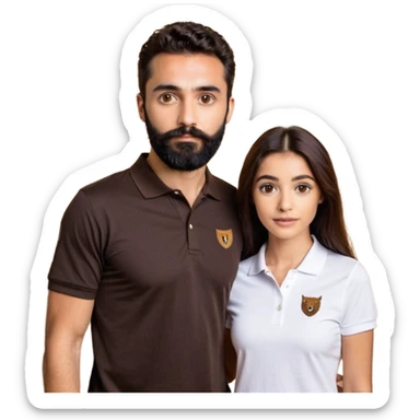 Tente de novo.Crie um casal - Homem branco de cabelo liso e olhos marrom, com barba, expressão séria usando camiseta polo preta e mulher de pele branca cabelo cacheado marrom longo e olhos mel, usando uma regata branca, quero ela sorrindo sticker