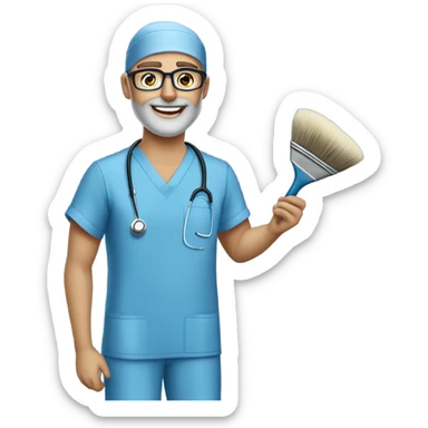 male blond doctor in scrub cap with grey van dyke beard with hazel eyes and small wire-rimmed glasses in blue scrubs holding a large paintbrush sticker