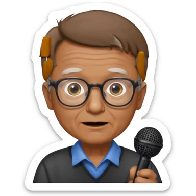singer, Old man, brown short hair, holding mic, glasses sticker