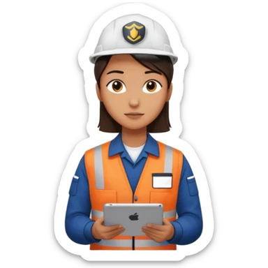 create a realistic emoji shwoing logistic worker controling something with an ipad sticker