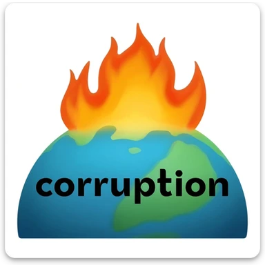 a blue burning planet in a realistic style that has "corruption" written on it with black letters sticker