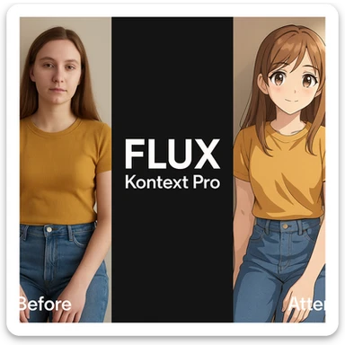 create before after image of a girl before is realsitic photo, after is anime version of her in same pose and clothes, add logo with text of a "FLUX Kontext Pro" in middle in big, black background sticker