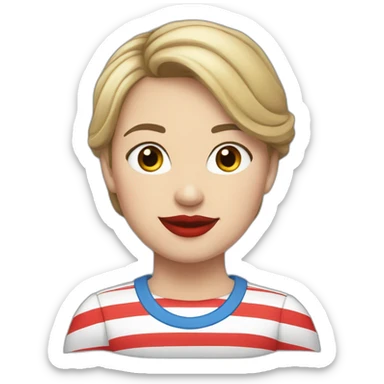 caucasian woman with red lips dark brown hair, bob haircut, braces on teeth, blue and white striped t shirt sticker