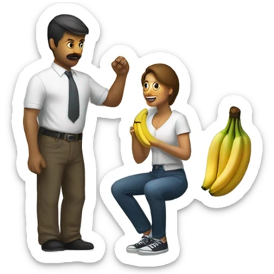 Man with a banana on one side of wall while woman crouched on the other side sticker