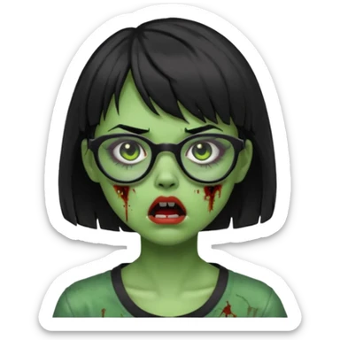 faça uma menina zumbi,da cor verde,com o cabelo curto preto até o pescoço,franja,óculos pretos,olhos escuros,boca meio aberta e alguns machucados pelo rosto sticker