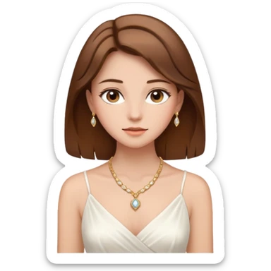 a middle brown hair girl with elegant white dress, wearing necklace, wearing makeup sticker