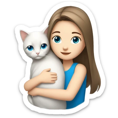 brown hair girl with straight hair and blue eyes hugging a white longhair cat sticker