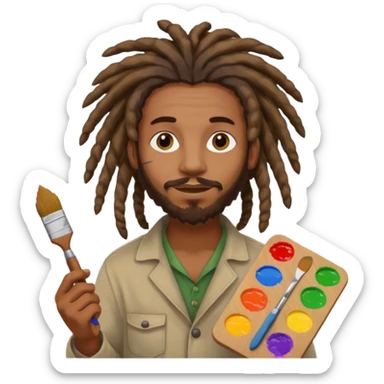 man artist with dreadlock, holding painter and color pallete sticker