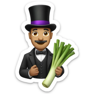 Man holding a leek with his hands with a top hat that has a purple band sticker