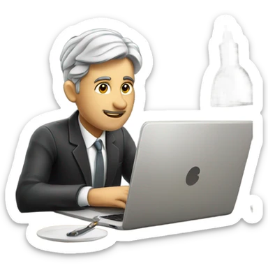 Rich man working setting on a chair and near the table with laptop he is very beautiful and he is from Germany  sticker