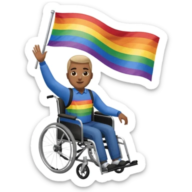 A black guy in a wheelchair waving a gay flag sticker