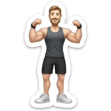 Full height realistic Actively gesturing with hands Pale skinned Fit Man With the biceps and brown hair in dark gray Sleeveless Mike, black oversize sports shorts, watch and white Sneakers sticker