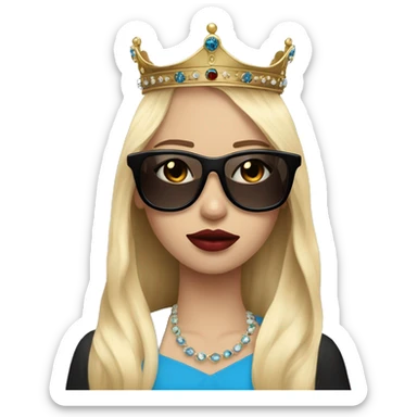girl long blonde hair blue eyes black sunglasses and a crown that cover her eyes and cherry lipstick sticker