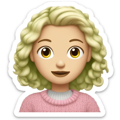 blonde girl holding matcha latte in pink sweater knitt sticker