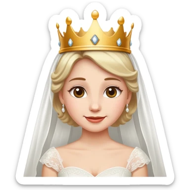 bride in a wedding dress with a small crown and sly smile, hinting at a secret, no explicit content sticker