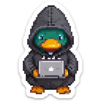 black rubber duck with tiny hoodie and a laptop, hacker sticker