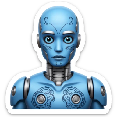 blue Tatooed robot, big many tatooes on chest, neck and face, tatoo on face sticker