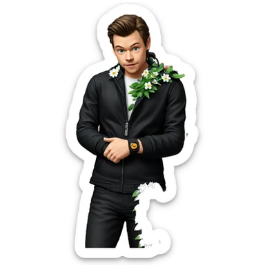 boy in black jacket flower sticker