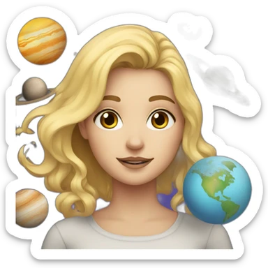 A blonde girl with many planets around her sticker