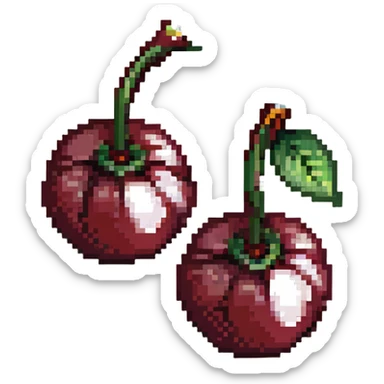 Pixel art of two dark maroon cherries with green stem, deep red color sticker