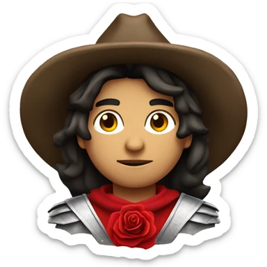 canela skin boy dark hair musketeer with hat and red rose shoulder medieval cape and sword and red feathers in the hat sticker