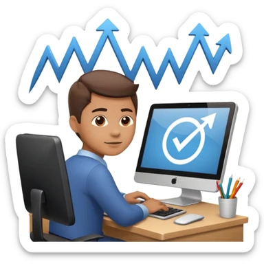 A person sitting at a desk working and looking at a computer with upward arrows and percentage signs, suggesting digital sales, marketing, or outreach. sticker