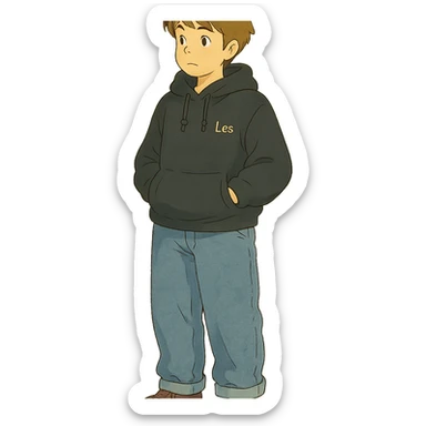 ghibli style person named Les wearing wide jeans and a black hoodie sticker