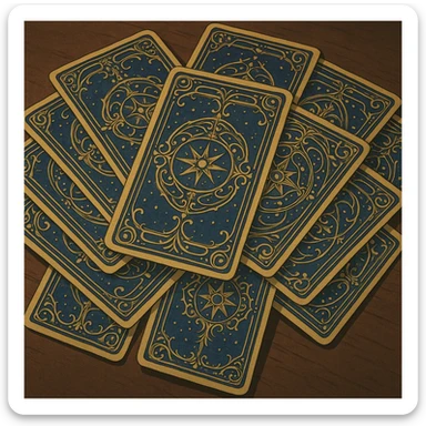 tarot card deck with ornate, intricate backs, gold and deep blue color palette, cards fanned out, mystical and elegant sticker
