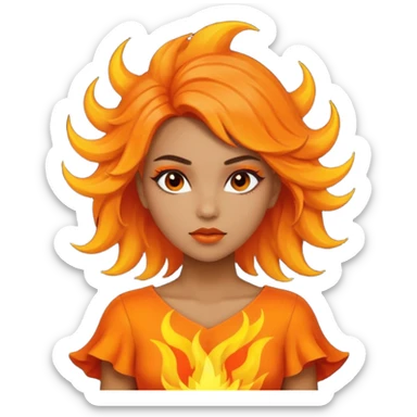 A girl tan skin face emoji with skin head hair styled, dramatic makeup and an orange flame-themed dress. sticker