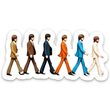 Cinematic Realistic The Beatles Abbey Road Scene Emoji, depicting the legendary band of four crossing the iconic zebra-striped street in their classic outfits, exuding effortless charisma and musical legacy. The scene is bathed in warm, nostalgic lighting with rich textures that capture the essence of 1960s rock history. sticker