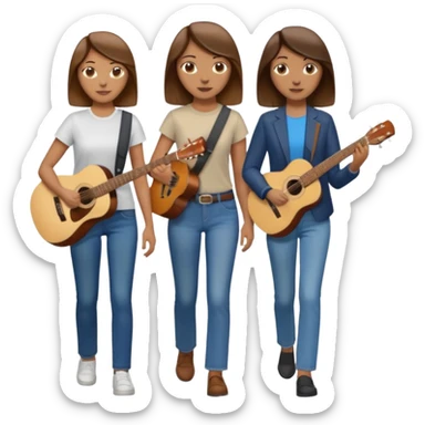 based on emoji style, like this "💁🏻‍♀️" "💁🏽‍♂️" "💁🏻", two people walking together, one is brown-haired woman, wearing business casual, holding a guitar; another one is a non-binary person, wearing t shirt and jeans, and this person doesn't have anything on their hands. they are walking together. sticker