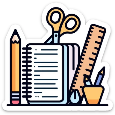 School office supplies with pencil, pen, notebook, ruler, scissors sticker