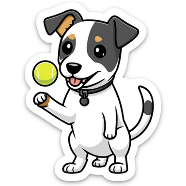 Black and white jack russell with a tennis ball sticker
