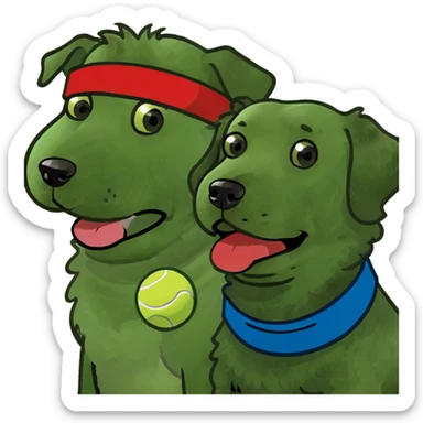  two fluffy doodle-like dogs. One is light brown with a curly coat, holding a tennis ball in its mouth. The other is black and white with curly fur. sticker