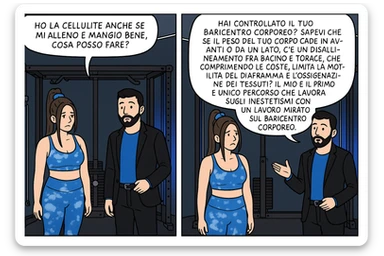 TRASFORMA QUESTO CAROSELLO IN UN FUMETTO CON QUESTE DUE PERSONE IDENTICHE CHE INTERLOQUISCONO TRA LORO:

LEI: Ho la cellulite anche se mi alleno e mangio bene, cosa posso fare?

LUI: Hai controllato il tuo baricentro corporeo?
Sapevi che se il peso del tuo corpo cade in avanti o da un lato, c’è un disallineamento fra bacino e torace, che comprimendo le coste, limita la motilità del diaframma e l’ossigenazione dei tessuti?
Il mio è il primo e unico percorso che lavora sugli inestetismi con un lavoro mirato sul baricentro corporeo. sticker