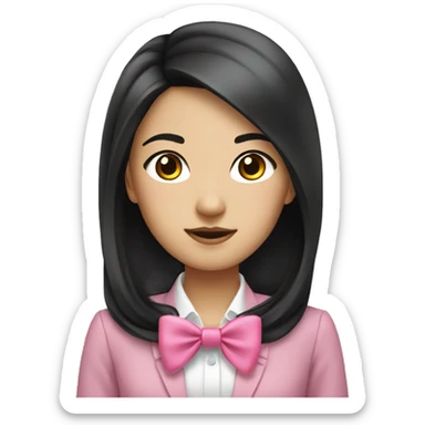 Asian girl medium length black hair in business with a pink bow sticker
