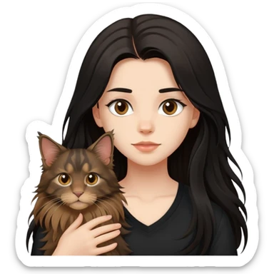 a  girl with black long hair with a brown Maine coon with black shirt sticker