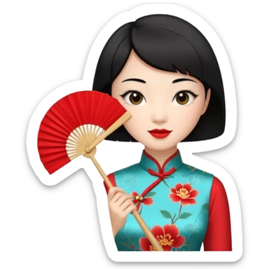 a chinese woman wearing a cheongsam holding a folding fan elegantly with fancy, red lipstick and short black hair sticker
