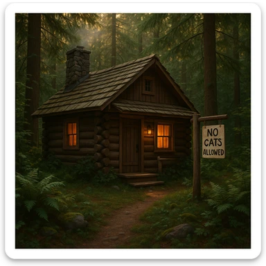 cozy cabin in the woods with a 'No Cats Allowed' sign, surrounded by nature sticker