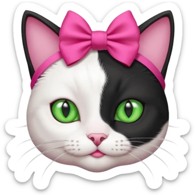 A black and white cat head with green eyes she has a hot pink bow on her head  sticker