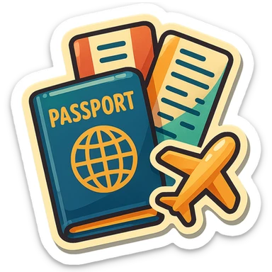 retro sticker-style image of a passport with two tickets and a small airplane icon next to them, bold outlines, juicy colors, expressive shadows and highlights sticker