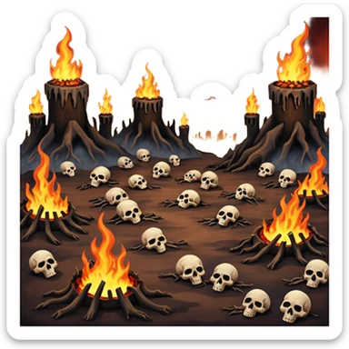 A burning hell landscape in the style of rott8ng corpses in the style of your bloody skull art. More detailed, extreme detail in a realistic style  sticker