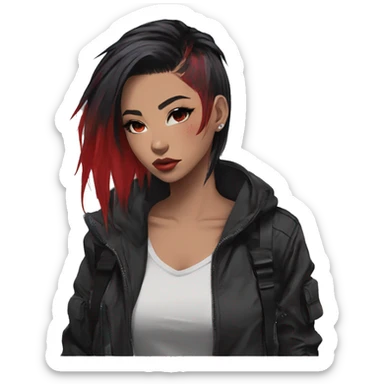 Gorgeous techwear anime style lady with blushing face aesthetic and pretty edgy black red punk hair with hair garment trending style sticker