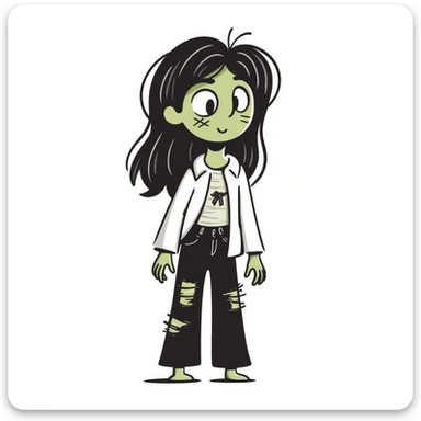 Girl zombie with messy long brown hair, stitches on face, pale green skin, and torn clothes sticker